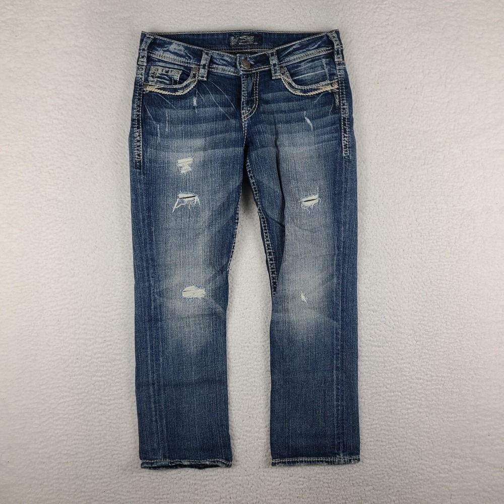 Silver Jeans Womens 27 Blue Suki Low Capri Distress Medium Wash Denim